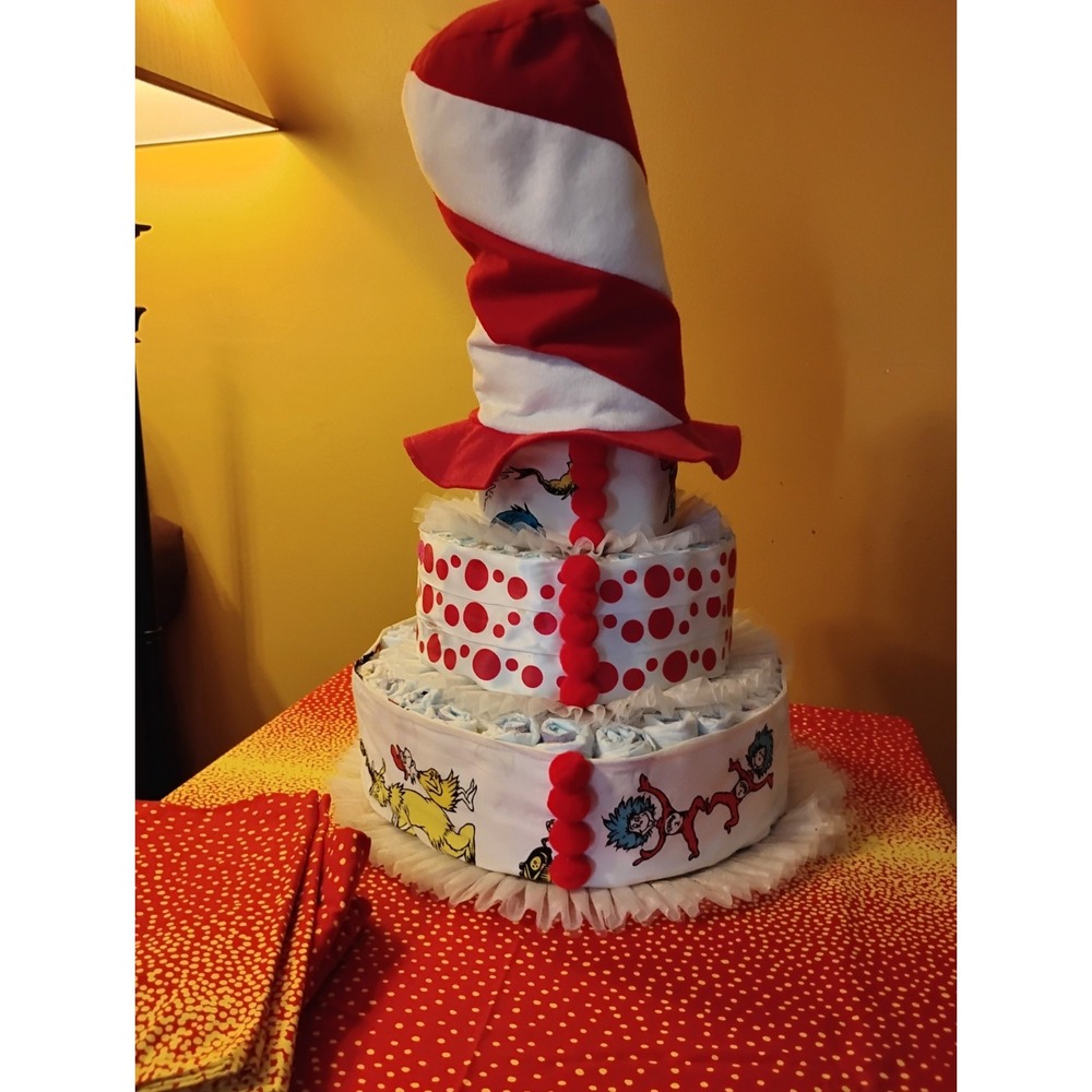 Cat in The Hat Thing 1 2 Dr Seuss Diaper Cake 3 Tier Cloth 5x Baby Shower Table